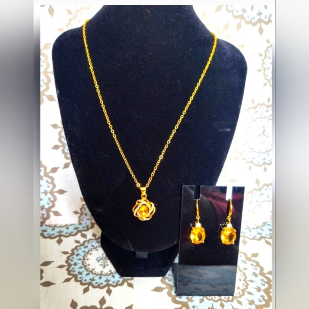 Golden Synthetic Topaz Necklace and 18k Gold Plated Earrings Set